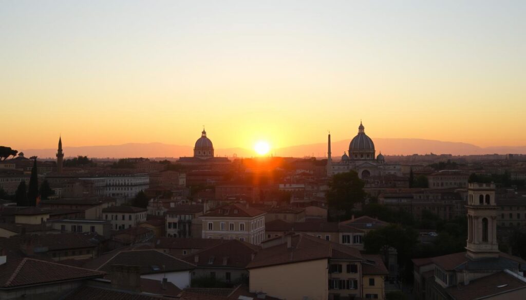 Sunset view over Rome's skyline with domes and ancient ruins, perfect memory of one day in Rome Sunset view over Rome's skyline with domes and ancient ruins, perfect memory of one day in Rome