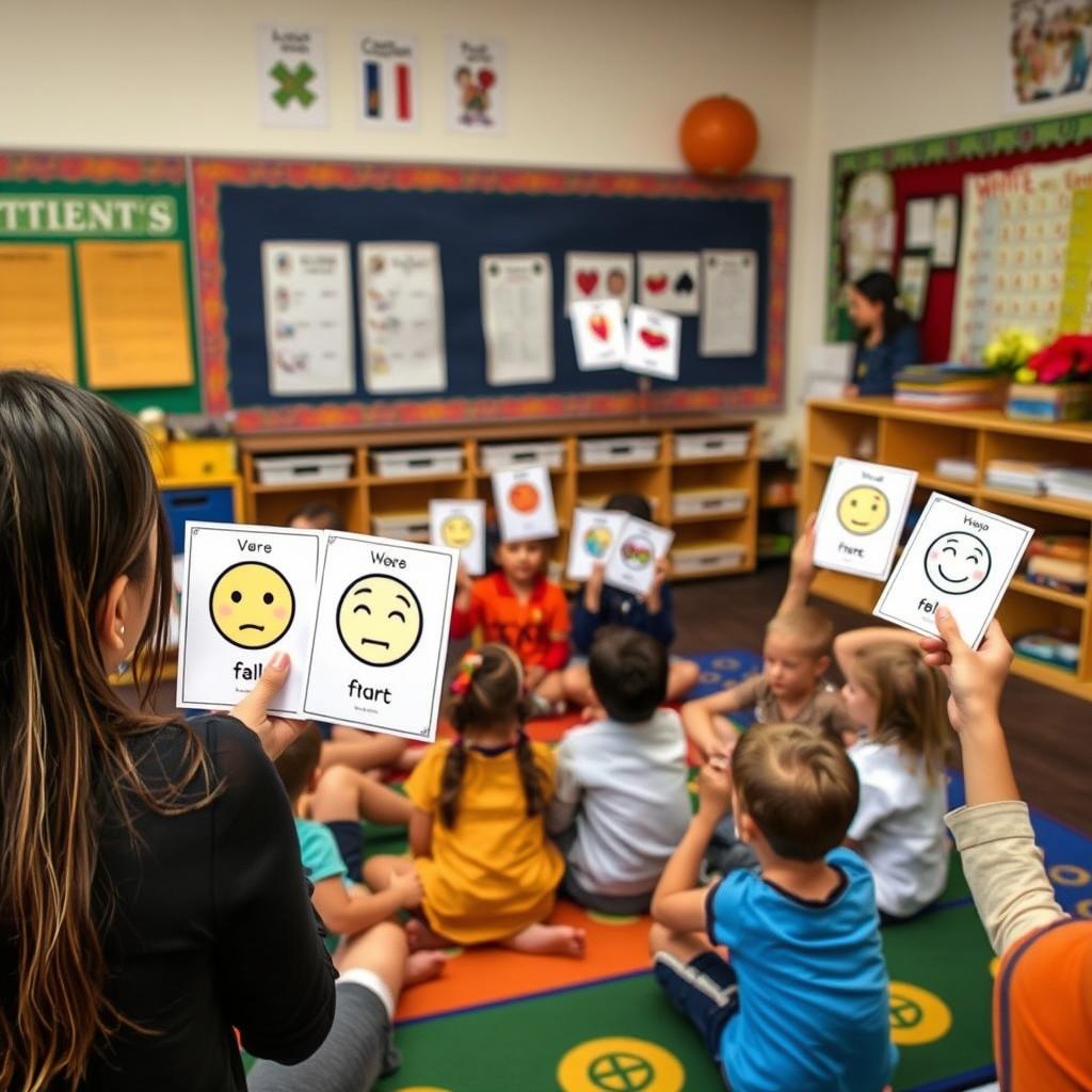Teacher using feelings flashcards during classroom transition time Teacher using feelings flashcards during classroom transition time