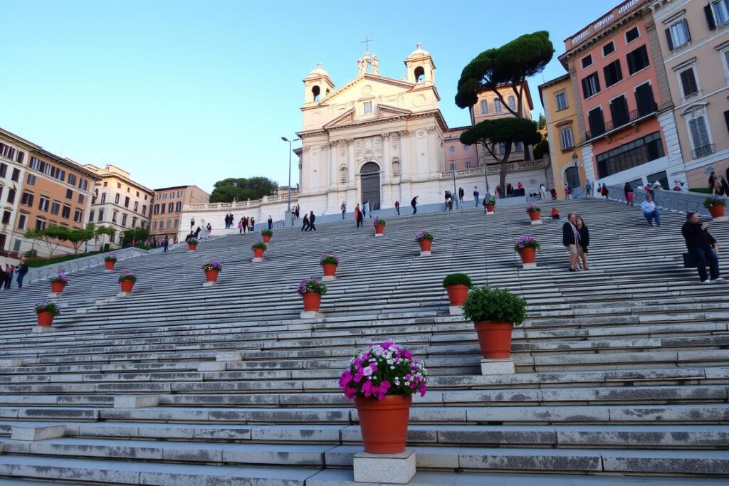 The Spanish Steps with flowers and the church of Trinità dei Monti, highlight of one day in Rome The Spanish Steps with flowers and the church of Trinità dei Monti, highlight of one day in Rome