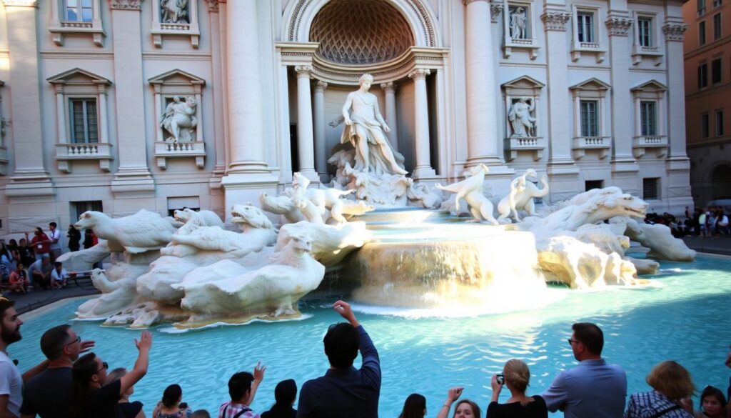 The magnificent Trevi Fountain with tourists tossing coins, essential experience during one day in Rome The magnificent Trevi Fountain with tourists tossing coins, essential experience during one day in Rome