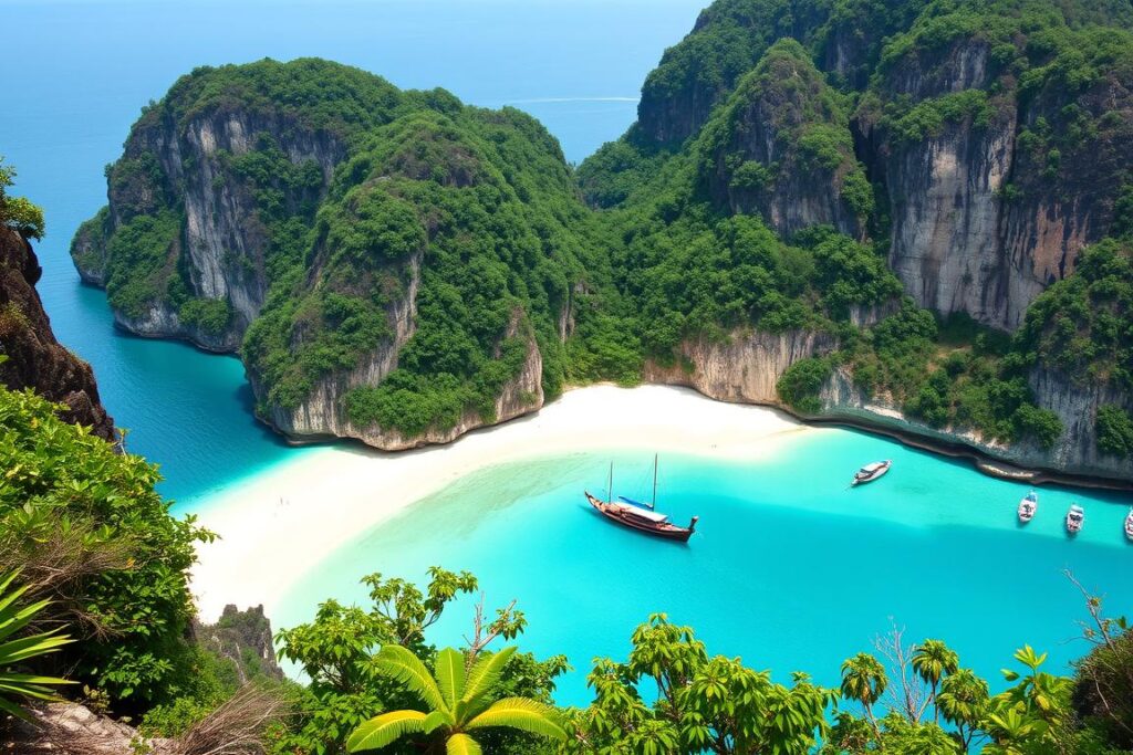 The stunning Maya Bay on Phi Phi Leh island with turquoise waters surrounded by limestone cliffs The stunning Maya Bay on Phi Phi Leh island with turquoise waters surrounded by limestone cliffs