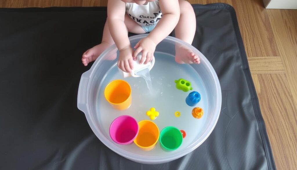 Toddler playing with water toys in a small bin during water play for kids