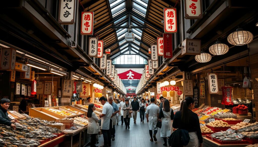 Traditional Japanese street food at Nishiki Market in Kyoto with vendors and shoppers Traditional Japanese street food at Nishiki Market in Kyoto with vendors and shoppers