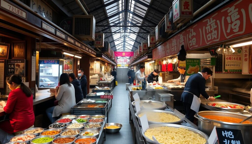 Traditional food vendors at Gwangjang Market in Seoul serving Korean street food specialties Traditional food vendors at Gwangjang Market in Seoul serving Korean street food specialties