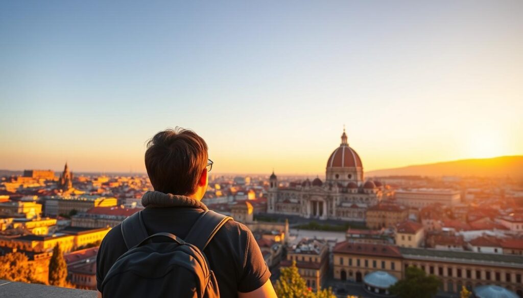Traveler enjoying sunset view over an underrated city worth visiting Traveler enjoying sunset view over an underrated city worth visiting