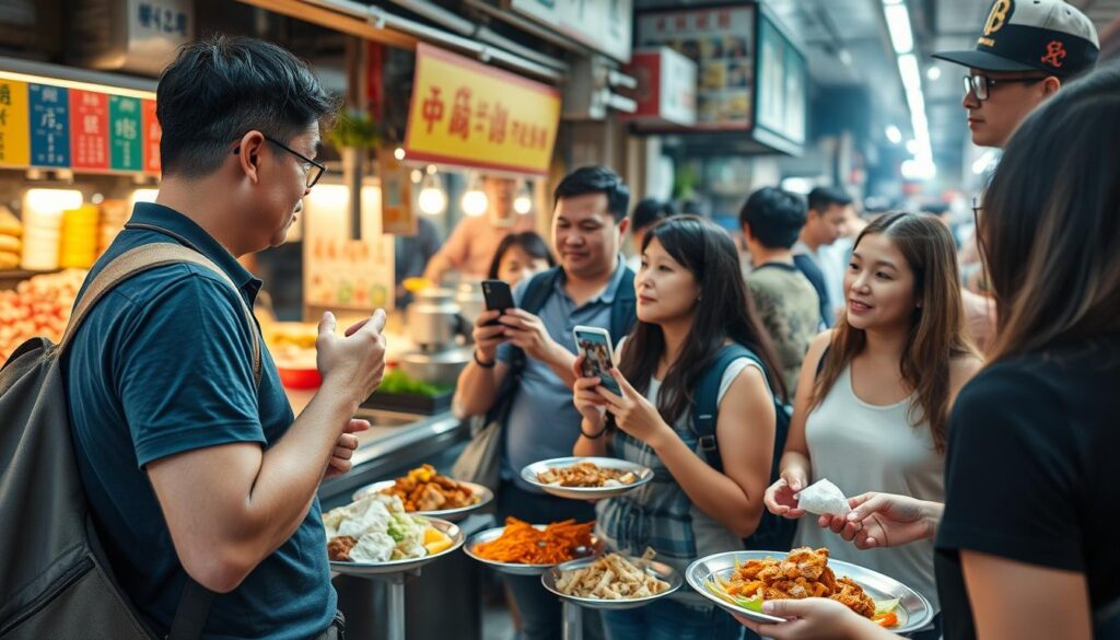Travelers enjoying street food at an Asian night market with local guide explaining dishes Travelers enjoying street food at an Asian night market with local guide explaining dishes