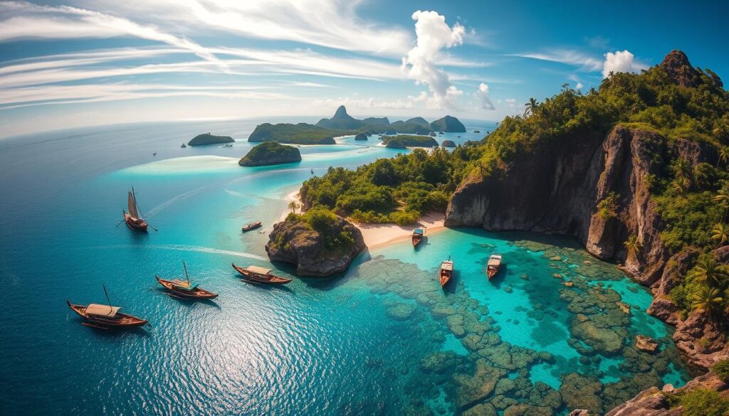 Tropical island archipelago with lush palm-lined beaches and azure waters. Tranquil lagoons dotted with traditional outrigger canoes, their sails billowing in the gentle trade winds. Rugged cliffs plunging into the sea, with winding pathways leading to hidden coves. Vibrant coral reefs teeming with colorful marine life, glimpsed through the crystal-clear shallows. Lush jungle interiors with cascading waterfalls and verdant canopies, beckoning island explorers. Warm, golden sunlight filters through wispy clouds, casting a dreamy, romantic glow. Diverse landscapes captured through a wide-angle lens, inviting viewers to embark on an idyllic island hopping adventure.