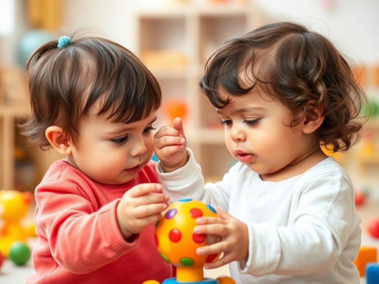 Two toddlers struggling over a toy, demonstrating the natural difficulty children have with how to teach sharing