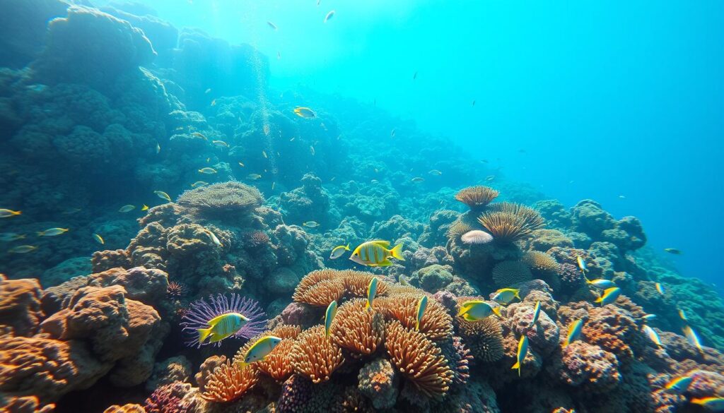 Underwater coral reef teeming with vibrant marine life, illuminated by soft, warm sunlight filtering through the crystal-clear turquoise waters. In the foreground, schools of tropical fish dart among the intricate coral formations, their scales shimmering. The middle ground features a diverse array of anemones, sponges, and sea fans swaying gently in the current. In the background, the reef gradually transitions into the deep blue of the open ocean, hinting at the vastness of the underwater ecosystem. The overall scene conveys a sense of tranquility, beauty, and the delicate balance of this thriving tropical habitat.
