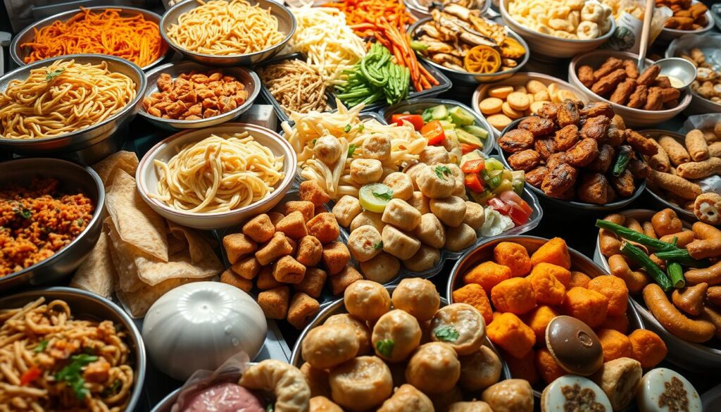 Various Asian street food dishes displayed at a market stall showing the diversity of options Various Asian street food dishes displayed at a market stall showing the diversity of options
