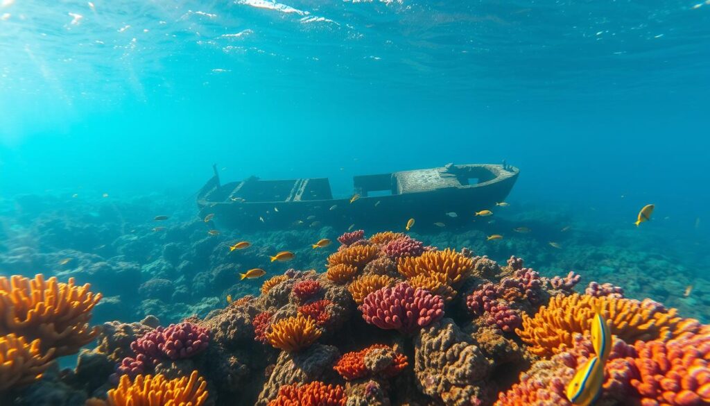 Vibrant underwater coral reef teeming with life, bathed in the warm, golden light of the tropical sun. Diverse array of colorful, swaying coral formations in the foreground, with schools of tropical fish darting among them. In the middle ground, a glimpse of a sunken shipwreck, its rusted hull providing a habitat for marine creatures. The background filled with shimmering azure waters and the distant silhouettes of other reefs. Captured with a wide-angle lens to convey the vast, immersive scale of this underwater paradise. An atmosphere of tranquility and wonder, inviting the viewer to dive in and explore the hidden wonders of this island adventure.
