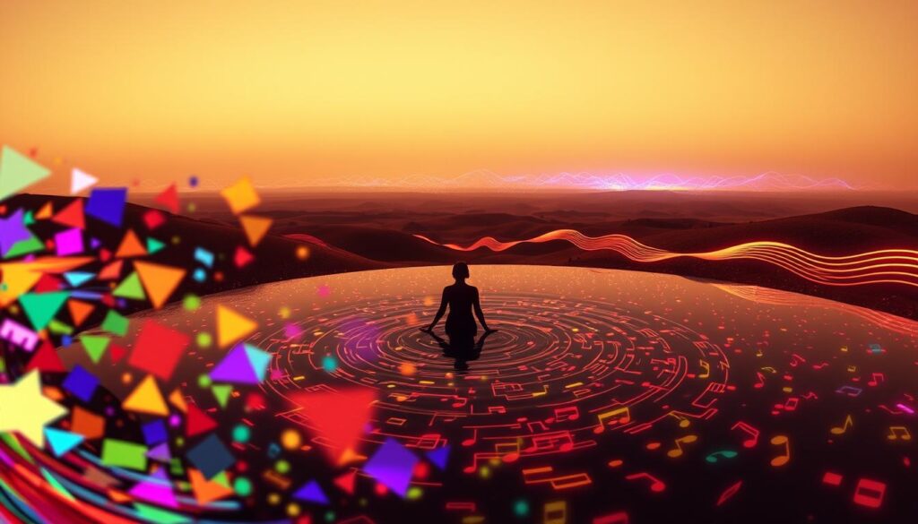 Vibrant visual cues dance across a serene landscape. In the foreground, a kaleidoscope of shapes and colors swirl, representing the interplay of sight and sound. The middle ground features a shadowy figure immersed in a pool of musical notes, symbolizing the merging of auditory and visual memories. In the distance, a horizon of undulating sound waves and luminous trails cascade, hinting at the boundless potential of this synesthetic experience. Bathed in warm, diffused lighting and captured through a wide-angle lens, the scene evokes a sense of wonder and discovery, inviting the viewer to explore the depths of this mnemonic realm.