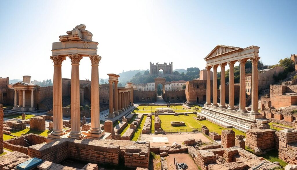 View of the Roman Forum ruins with Palatine Hill in the background, key site during one day in Rome View of the Roman Forum ruins with Palatine Hill in the background, key site during one day in Rome