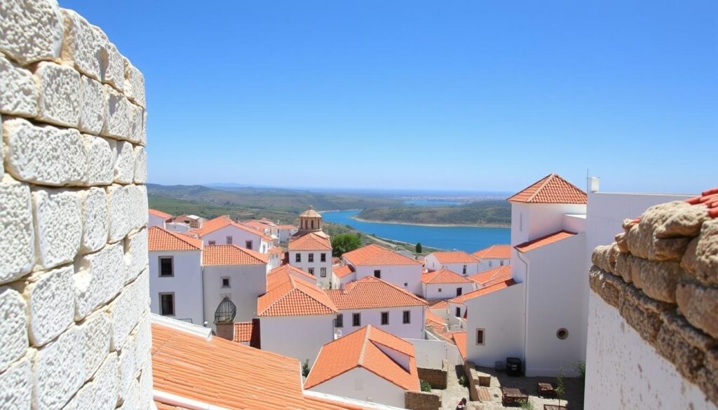 Whitewashed houses of Monsaraz, Portugal with view of Alqueva Reservoir Whitewashed houses of Monsaraz, Portugal with view of Alqueva Reservoir
