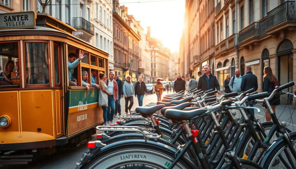 a bustling street scene in a quaint European city, showcasing budget transportation options. In the foreground, a group of people boarding a vintage-style tram, its vibrant colors and well-worn patina capturing the essence of cost-effective urban travel. In the middle ground, a fleet of city bicycles await riders, their sturdy frames and bright accents inviting exploration. In the background, a mix of historic buildings and modern architecture sets the stage, bathed in warm, golden sunlight that creates a charming, old-world atmosphere. The overall scene conveys the accessibility and character of budget-friendly transportation options available to travelers exploring Europe on a shoestring. a bustling street scene in a quaint European city, showcasing budget transportation options. In the foreground, a group of people boarding a vintage-style tram, its vibrant colors and well-worn patina capturing the essence of cost-effective urban travel. In the middle ground, a fleet of city bicycles await riders, their sturdy frames and bright accents inviting exploration. In the background, a mix of historic buildings and modern architecture sets the stage, bathed in warm, golden sunlight that creates a charming, old-world atmosphere. The overall scene conveys the accessibility and character of budget-friendly transportation options available to travelers exploring Europe on a shoestring.
