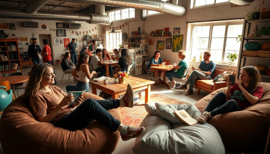 a cozy and lively budget hostel community experience, with a warm and welcoming atmosphere. a spacious common area with mismatched furniture and colorful decor, where young travelers gather to socialize, exchange stories, and plan their adventures. in the background, a large group of backpackers sit around a wooden table, sharing a meal and laughing together. soft lighting filters in through large windows, casting a comfortable glow over the scene. in the foreground, a couple of guests relax on plush beanbags, reading travel guides and sipping local coffee. the overall mood is one of camaraderie, shared experiences, and the joy of exploring the world on a budget. a cozy and lively budget hostel community experience, with a warm and welcoming atmosphere. a spacious common area with mismatched furniture and colorful decor, where young travelers gather to socialize, exchange stories, and plan their adventures. in the background, a large group of backpackers sit around a wooden table, sharing a meal and laughing together. soft lighting filters in through large windows, casting a comfortable glow over the scene. in the foreground, a couple of guests relax on plush beanbags, reading travel guides and sipping local coffee. the overall mood is one of camaraderie, shared experiences, and the joy of exploring the world on a budget.