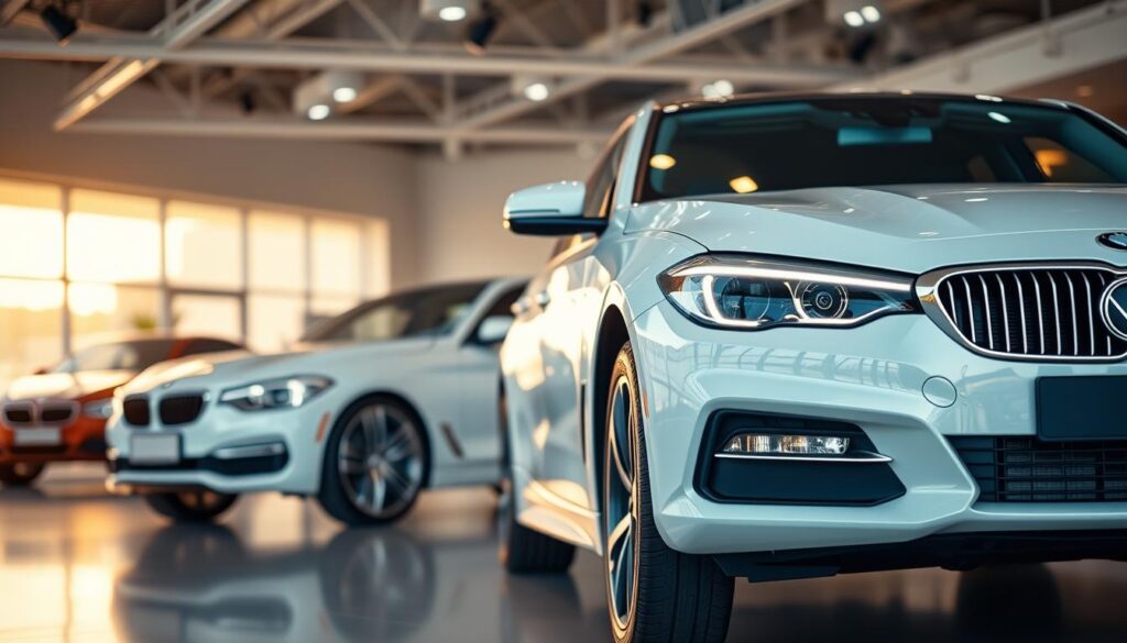 a detailed close-up photography of a family car parked in a well-lit, contemporary showroom with sleek, minimalist interior design, shot with a wide-angle lens to showcase the entire vehicle from the front, angled slightly to the side to highlight its profile, with a soft, warm lighting creating a welcoming and inviting atmosphere, showcasing the car's features and design elements as the central focus of the image