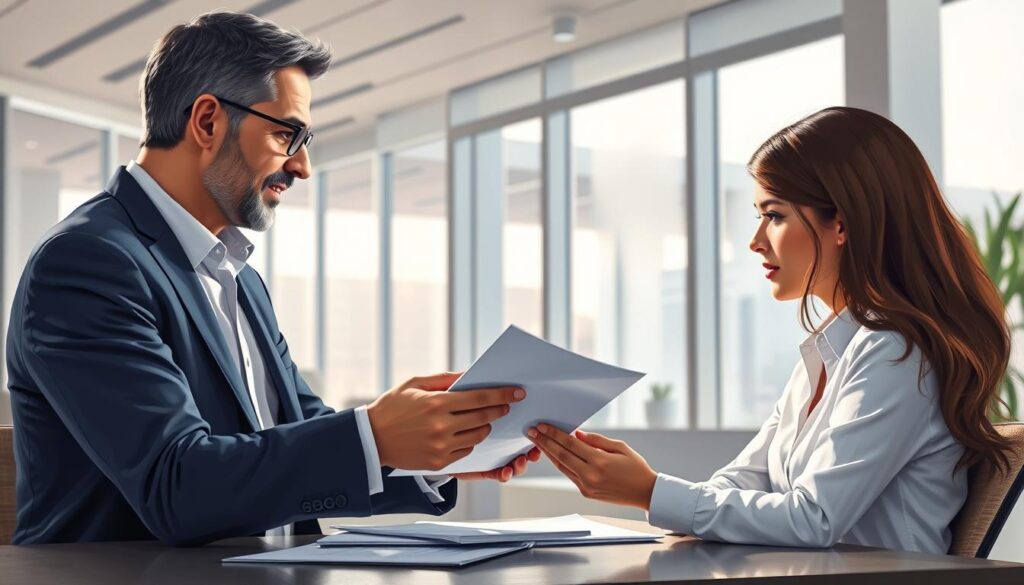 a detailed digital painting of a mentorship program benefits, depicting a mentor and mentee in a professional setting. the mentor, a senior executive, is providing guidance and advice to the mentee, a young professional, as they review documents and discuss career growth strategies. the scene is set in a modern office with clean lines, large windows, and muted colors. the lighting is soft and diffused, creating a warm and inviting atmosphere. the composition emphasizes the connection and collaboration between the two individuals, highlighting the value of mentorship programs in developing talent and facilitating career progression.