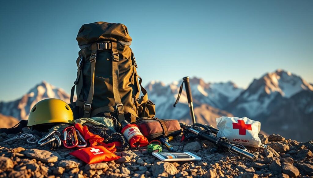 a detailed, high-quality image of a variety of essential mountaineering safety equipment, including a climbing harness, carabiners, a sturdy backpack, a helmet, crampons, trekking poles, and a first-aid kit, arranged neatly on a rugged, rocky surface with a majestic mountain range visible in the background, bathed in warm, golden lighting, conveying a sense of preparedness, adventure, and the importance of safety when embarking on a thrilling mountain climbing expedition