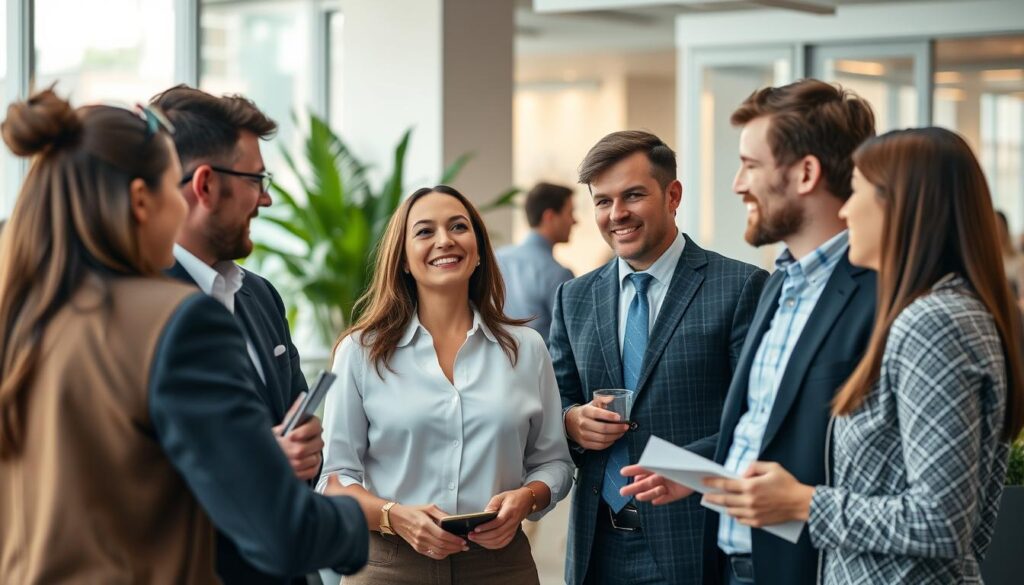 a group of business professionals engaged in lively, genuine networking conversations at a modern office lounge setting, with warm lighting, soft focus, and a touch of natural greenery in the background, capturing the essence of productive and meaningful exchanges that lead to valuable connections a group of business professionals engaged in lively, genuine networking conversations at a modern office lounge setting, with warm lighting, soft focus, and a touch of natural greenery in the background, capturing the essence of productive and meaningful exchanges that lead to valuable connections