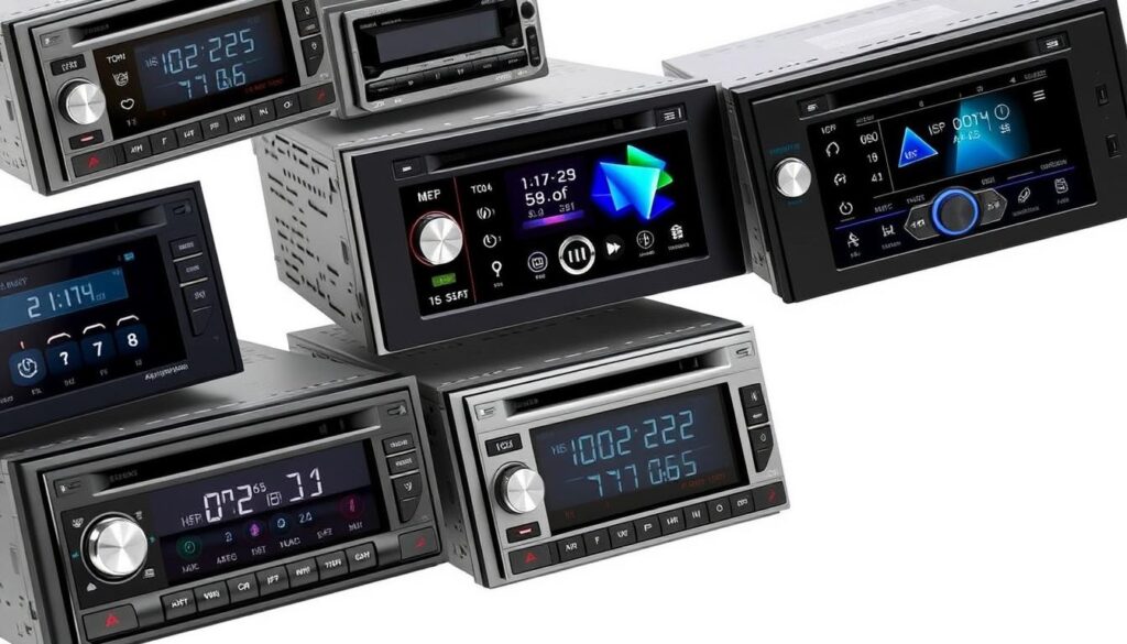 a highly detailed close-up view of multiple double din multimedia receivers, also known as in-dash car stereo systems, from various angles showcasing their sleek and modern designs, with brushed metal frames, LED displays, and a range of intuitive control interfaces and features such as touchscreens, knobs, and buttons, all set against a clean, minimalist background that emphasizes the technical and functional nature of these automotive entertainment systems, capturing the essence of the "Understanding Car Stereo System Options" section of the article