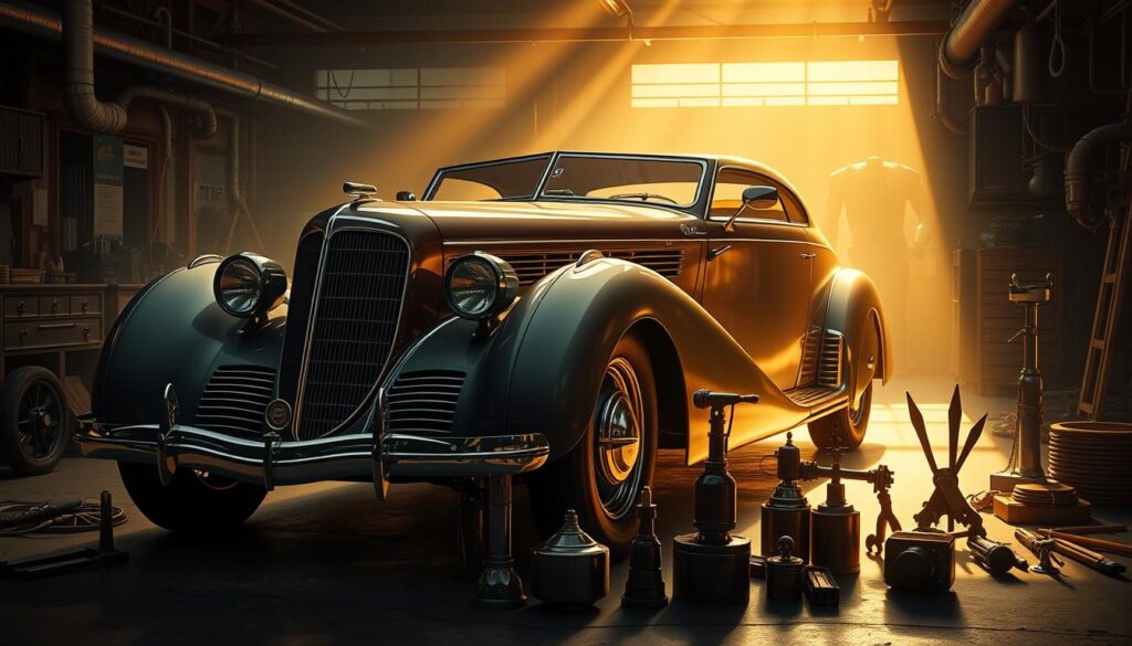 a highly detailed, photorealistic illustration of vintage era automotive innovations, featuring a sleek and stylish automobile from the 1930s or 1940s, showcasing its advanced engineering and design. The car is positioned in a dimly lit, atmospheric garage setting, with a warm, golden lighting that casts dramatic shadows and highlights the vehicle's intricate details. The foreground showcases the car's aerodynamic body, chrome accents, and innovative features like a streamlined grille, advanced headlights, and unique dashboard. The middle ground features various vintage tools, spare parts, and mechanical equipment, hinting at the innovative engineering and craftsmanship that went into the car's development. The background is filled with a hazy, nostalgic ambiance, with hints of other vintage cars and industrial elements, creating a sense of historical context and the pioneering spirit of the era.