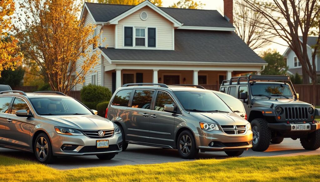a highly detailed, photorealistic image of a group of various "dad-friendly" family vehicles parked in a suburban driveway, including a mid-size sedan, a minivan, and a rugged SUV, all in a warm, late afternoon lighting, with a well-manicured lawn and a modest two-story house in the background, creating a cozy, relatable scene that would appeal to a middle-class family audience.