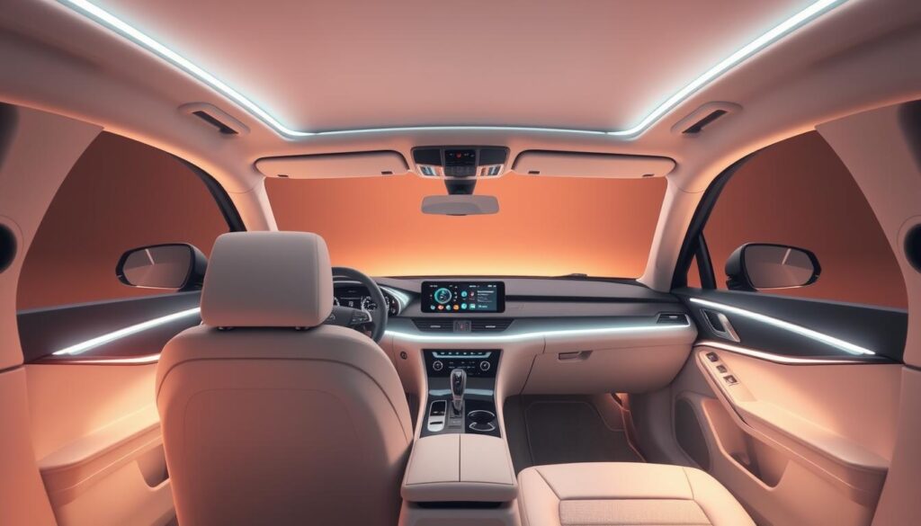a highly detailed, realistic, and stylized 3D rendering of the interior of a modern luxury vehicle, showcasing a sleek and sophisticated LED lighting setup that enhances both the safety and aesthetic appeal of the cabin. The foreground focuses on the dashboard and center console, with a clean, minimalist design highlighted by a soft, ambient glow of LED strips along the edges and integrated into the touch controls. The middle ground features the front seats and door panels, where additional LED accent lighting creates a warm, inviting atmosphere and helps to improve visibility for the driver and passengers. In the background, the headliner and side panels are illuminated by a subtle, diffused LED lighting system that creates a sense of depth and dimension within the space. The overall mood is one of high-end sophistication, technological innovation, and enhanced safety through thoughtful lighting design.