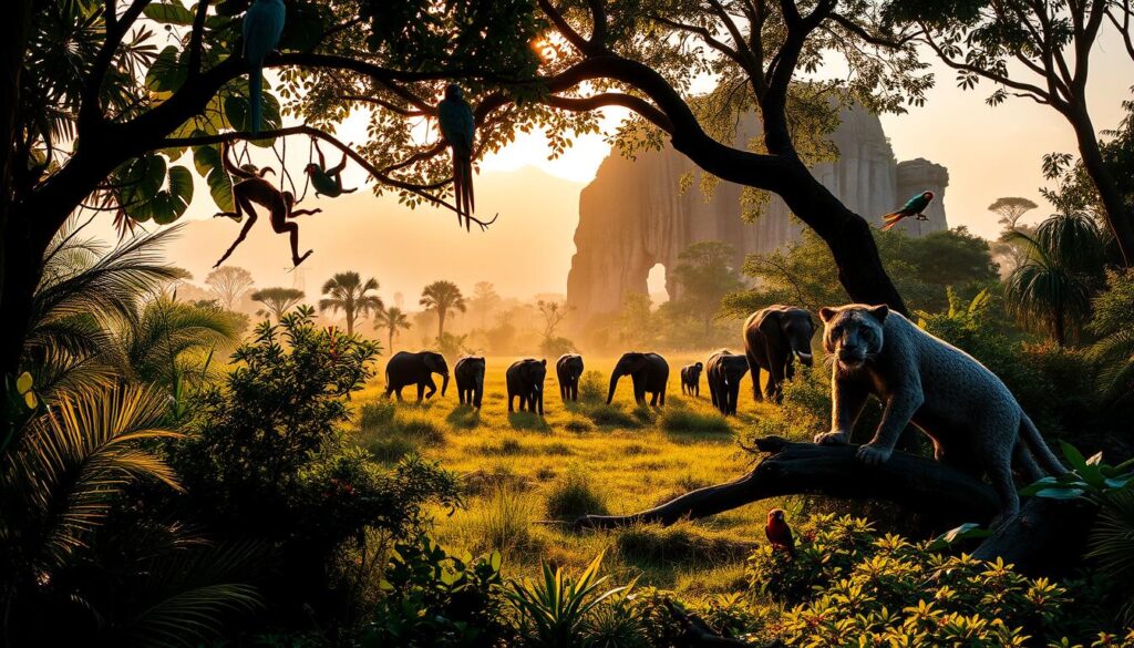 a lush, vibrant jungle landscape in a Florida wildlife adventure park, with a diverse array of exotic animals roaming freely in the foreground - a majestic Florida panther stalking through the undergrowth, a troupe of playful spider monkeys swinging from the canopy, a group of colorful macaws perched on a fallen tree. In the middle ground, a herd of African elephants grazes peacefully, their massive forms silhouetted against the setting sun, casting long shadows across the forest floor. In the background, rugged limestone cliffs rise up, shrouded in a hazy mist, creating a sense of mystery and adventure. The scene is bathed in warm, golden light, with shafts of sunlight filtering through the lush foliage, capturing the raw, untamed essence of a safari-style wildlife experience. a lush, vibrant jungle landscape in a Florida wildlife adventure park, with a diverse array of exotic animals roaming freely in the foreground - a majestic Florida panther stalking through the undergrowth, a troupe of playful spider monkeys swinging from the canopy, a group of colorful macaws perched on a fallen tree. In the middle ground, a herd of African elephants grazes peacefully, their massive forms silhouetted against the setting sun, casting long shadows across the forest floor. In the background, rugged limestone cliffs rise up, shrouded in a hazy mist, creating a sense of mystery and adventure. The scene is bathed in warm, golden light, with shafts of sunlight filtering through the lush foliage, capturing the raw, untamed essence of a safari-style wildlife experience.