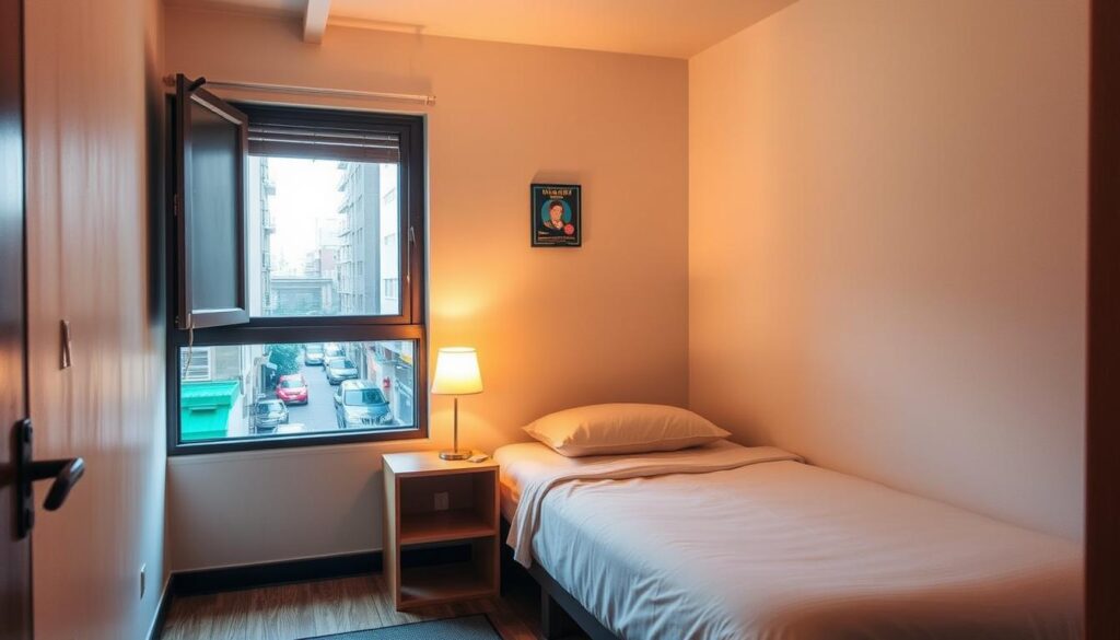 a minimalistic but cozy budget hostel bedroom with a single bed, nightstand, and a small window overlooking a bustling city street below. warm lighting from a table lamp casts a soft glow, creating a welcoming atmosphere. the room is neat and tidy, with basic yet functional furnishings. the walls are adorned with simple artworks or travel-themed decor, hinting at the hostel's character. the overall scene conveys a sense of efficiency and simplicity, reflecting the budget-friendly nature of the hostel experience. a minimalistic but cozy budget hostel bedroom with a single bed, nightstand, and a small window overlooking a bustling city street below. warm lighting from a table lamp casts a soft glow, creating a welcoming atmosphere. the room is neat and tidy, with basic yet functional furnishings. the walls are adorned with simple artworks or travel-themed decor, hinting at the hostel's character. the overall scene conveys a sense of efficiency and simplicity, reflecting the budget-friendly nature of the hostel experience.