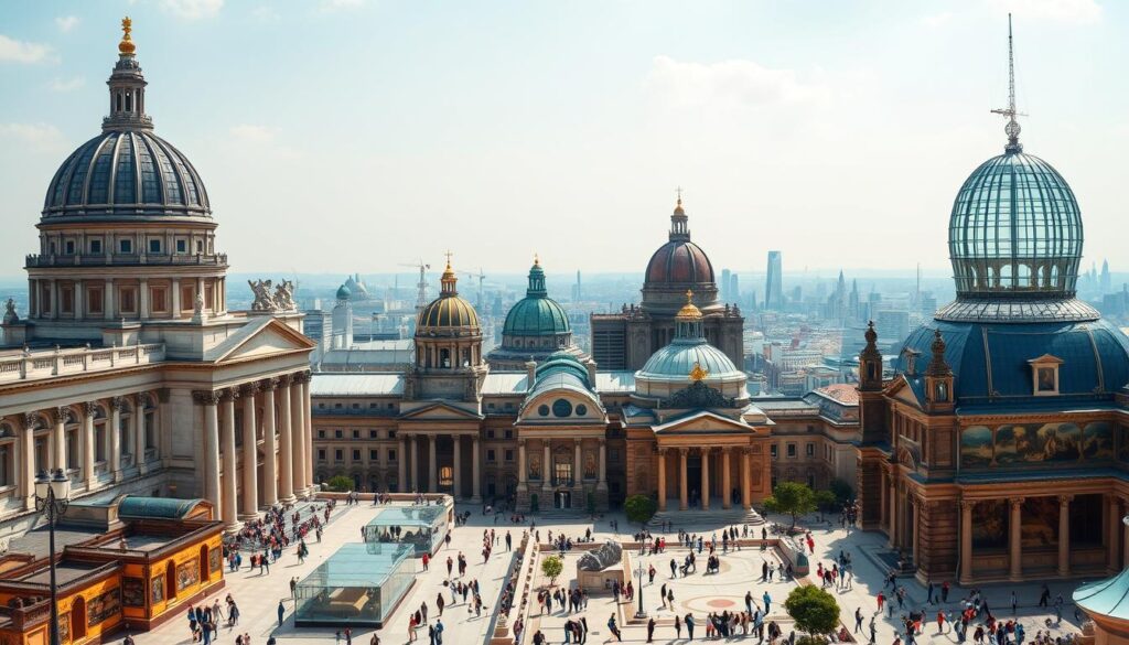 a photo of the world's best museums, showcasing their grand architecture, iconic exhibits, and captivating interiors. The image depicts a sweeping panoramic view, where towering domes, ornate facades, and striking glass-and-steel structures stand in harmonious contrast. In the foreground, visitors explore the museums' galleries, marveling at masterpieces and ancient artifacts. The middle ground features diverse museum styles, from classical Renaissance palaces to modern, minimalist masterpieces. The background is filled with a vibrant cityscape, hinting at the global diversity of these cultural institutions. The scene is bathed in warm, golden lighting, creating a sense of wonder and exploration, inviting the viewer to discover the treasures within.