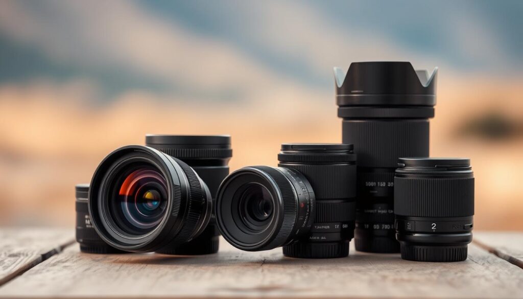 a photo of various professional-grade camera lenses for landscape photography, arranged on a wooden surface with a soft, warm lighting. The lenses are positioned in the foreground, including a wide-angle lens, a telephoto lens, and a mid-range zoom lens. The middle ground features a neutral background, allowing the lenses to be the focal point. The background subtly suggests an outdoor, natural environment, hinting at the intended use of these lenses for capturing stunning landscape images. The overall mood is one of thoughtful contemplation, inviting the viewer to imagine the creative possibilities these tools offer for travel and landscape photography.