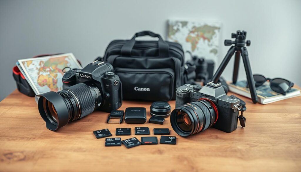 a professional still life photograph of travel photography gear essentials neatly arranged on a wooden table in soft, diffused studio lighting. in the foreground, a high-end DSLR camera with a telephoto zoom lens, a compact mirrorless camera, and several memory cards. in the middle ground, a camera bag, a tripod, and various photography accessories like lens filters, batteries, and a remote shutter release. in the background, a map, a travel guide, and a pair of stylish sunglasses. the overall scene conveys a sense of adventure, preparedness, and the essential tools needed for capturing stunning travel photographs.