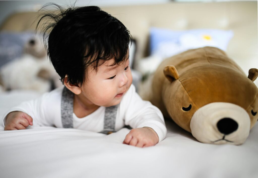 baby looking at plush toy baby looking at plush toy