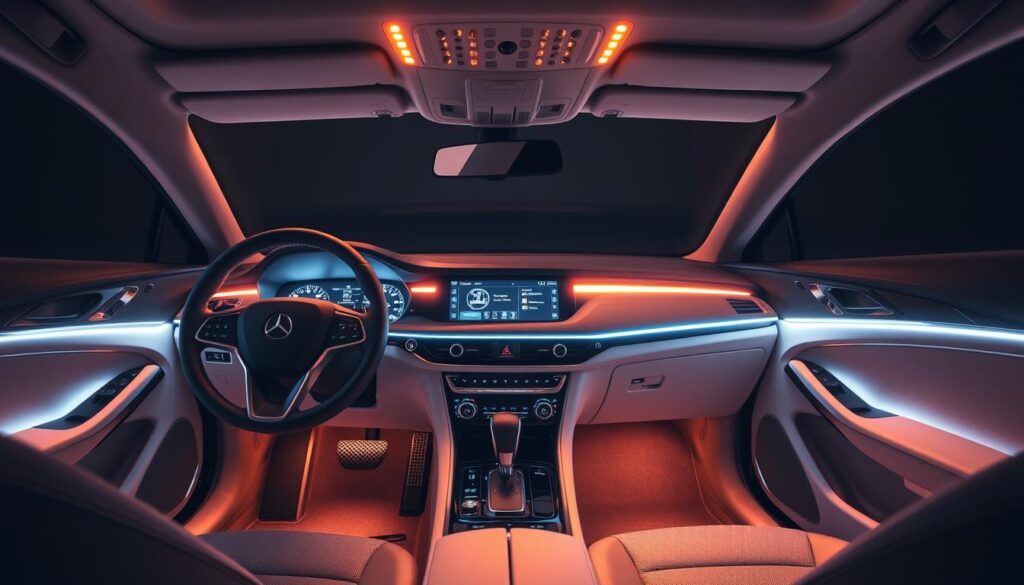 interior of a modern car, featuring innovative LED lighting concepts, creating a sophisticated and atmospheric ambience; sleek dashboard with ambient lighting accents, illuminated center console controls, and subtle mood lighting along the door panels and footwells; warm, soft lighting that enhances the premium cabin feel, with a balance of functional and decorative lighting elements; clean, minimalist design that seamlessly integrates the LED lighting into the car's interior architecture; the lighting is dimmable and customizable, allowing the driver to set the desired mood and ambiance; the scene conveys a sense of contemporary, high-tech luxury and attention to detail.