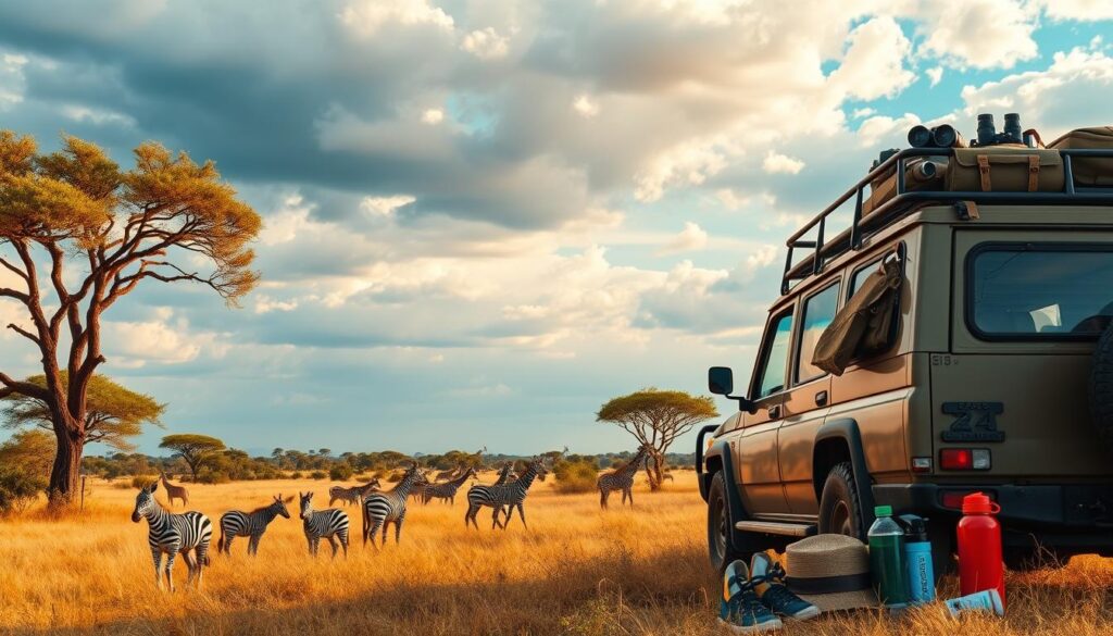 safari park essentials - wide angle shot of a grassy savanna landscape with acacia trees in the middle ground, a herd of grazing zebras and giraffes in the foreground, and a cloudy blue sky with a warm golden hour lighting in the background, a sturdy safari vehicle parked on the side, binoculars, camera equipment, and a backpack on the roof rack, safari-themed travel accessories like a khaki hat, insect repellent, and a water bottle scattered in the foreground, conveying a sense of adventure and exploration safari park essentials - wide angle shot of a grassy savanna landscape with acacia trees in the middle ground, a herd of grazing zebras and giraffes in the foreground, and a cloudy blue sky with a warm golden hour lighting in the background, a sturdy safari vehicle parked on the side, binoculars, camera equipment, and a backpack on the roof rack, safari-themed travel accessories like a khaki hat, insect repellent, and a water bottle scattered in the foreground, conveying a sense of adventure and exploration