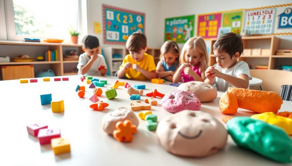 A bright, airy classroom with natural light streaming through large windows. In the foreground, a colorful assortment of play dough in various shapes and colors sits on a table, accompanied by mathematical manipulatives like number blocks and shapes. In the middle ground, a group of children are intently engaged, their hands kneading and molding the play dough, while discussing numbers, patterns, and shapes. The background showcases educational posters and wall displays that reinforce the connection between play dough and mathematical concepts. The scene conveys a sense of focused learning, hands-on exploration, and the joy of discovering the benefits of using play dough to enhance basic addition skills.
