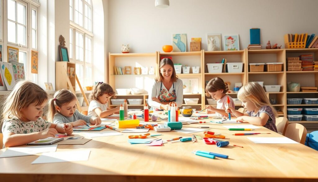 A bright, airy craft room with natural lighting cascading through large windows. A wooden table in the foreground is neatly arranged with colorful papers, scissors, glue sticks, and other craft supplies. Children's hands are visible, focused on their projects, while a smiling teacher oversees the activity. In the background, shelves are filled with art projects, organized bins, and inspirational materials. The room has a warm, inviting atmosphere, conveying a sense of structured creativity and engaged learning.
