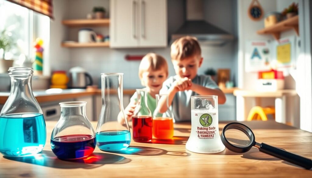 A bright, airy kitchen with a wooden table in the foreground, featuring a variety of simple science experiments using everyday household items - colorful liquids in beakers, a baking soda and vinegar volcano, a magnifying glass, and a child's hand exploring the setup. The middle ground showcases a child's excited expression as they conduct the experiments, while the background depicts a cheerful, educational atmosphere with informative posters and educational toys. The lighting is natural and warm, capturing the sense of wonder and learning. The overall mood is one of exploration, discovery, and the joy of engaging in simple yet fascinating scientific activities.