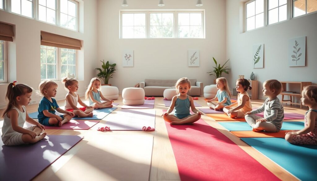 A bright, airy yoga studio with plush, colorful mats arranged in a semicircle. Natural light streams in through large windows, casting a warm, inviting glow. In the foreground, a group of young children, ages 3-5, sit cross-legged, focused and engaged in a gentle yoga practice. Their expressions are serene, and they move with a sense of wonder and playfulness. The middle ground features soft, rounded furniture pieces in pastel hues, creating a cozy, child-friendly environment. In the background, simple wall decor, such as botanical prints and tactile textures, add visual interest without distracting from the main activity. The overall atmosphere is soothing, nurturing, and designed to spark the imaginations of the young yogis.