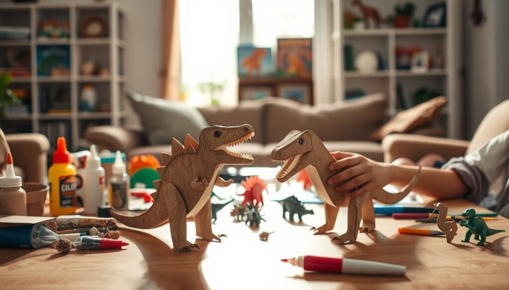 A brightly lit DIY dinosaur crafting scene, showcasing a table full of household items like cardboard, paper, glue, and paint. In the foreground, a child's hands are meticulously constructing a T-Rex figure from a toilet paper roll and construction paper. In the middle ground, various recycled materials are arranged, ready to be transformed into other prehistoric creatures. The background depicts a cozy, inviting living room setting, with shelves displaying dinosaur books and a window letting in warm, natural light. The overall atmosphere is one of creativity, learning, and family bonding, encouraging viewers to dive into their own dinosaur-themed DIY projects using common household supplies.