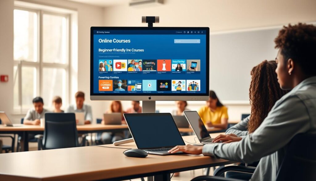 A brightly lit classroom setting, with a large desktop computer screen at the center, showcasing a selection of beginner-friendly online courses. In the foreground, a modern, minimalist desk with a keyboard, mouse, and laptop, creating a welcoming workspace. The middle ground features several students, diverse in age and background, attentively engaged with their devices, learning and exploring the online courses. The background depicts a warm, inviting atmosphere with natural light filtering through large windows, creating a sense of openness and accessibility. The overall scene conveys a sense of ease, discovery, and the empowering potential of free, beginner-friendly online learning.
