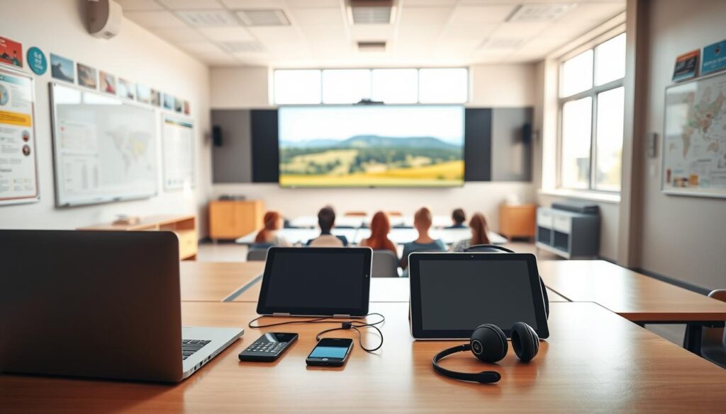 A brightly lit classroom, the walls adorned with educational posters and whiteboards. In the foreground, a variety of communication tools are arranged neatly on a desk - a laptop, a tablet, a smartphone, and a wireless headset. The middle ground features a large interactive touchscreen display, surrounded by comfortable seating for students. In the background, a panoramic window overlooks a serene outdoor landscape, allowing natural light to flood the space. The overall atmosphere is one of modern, efficient, and collaborative learning, capturing the essence of streamlined communication in a 21st-century educational setting.