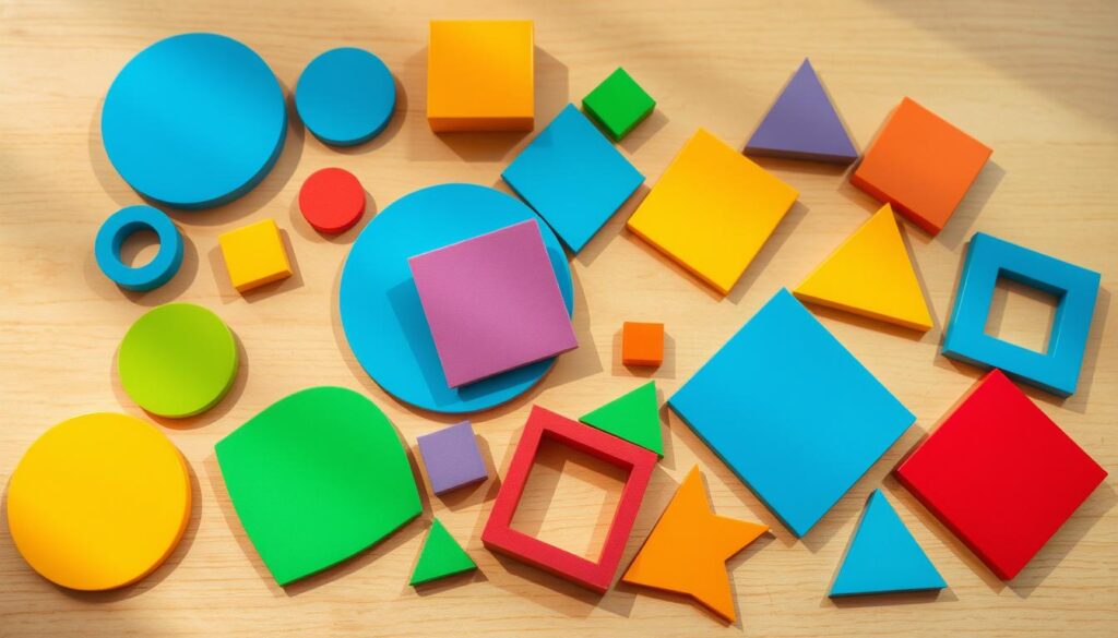 A brightly lit, softly focused still life scene showcasing an assortment of vibrant geometric shapes - circles, squares, triangles, and rectangles in various sizes and colors, arranged on a simple wooden surface. The shapes are positioned in a way that invites interaction, with negative space allowing for easy handling and sorting. Warm, natural lighting casts gentle shadows, creating a cozy, educational atmosphere. The camera angle is slightly elevated, providing a birds-eye view that emphasizes the clean, minimalist composition and the tactile, hands-on nature of the subject matter.