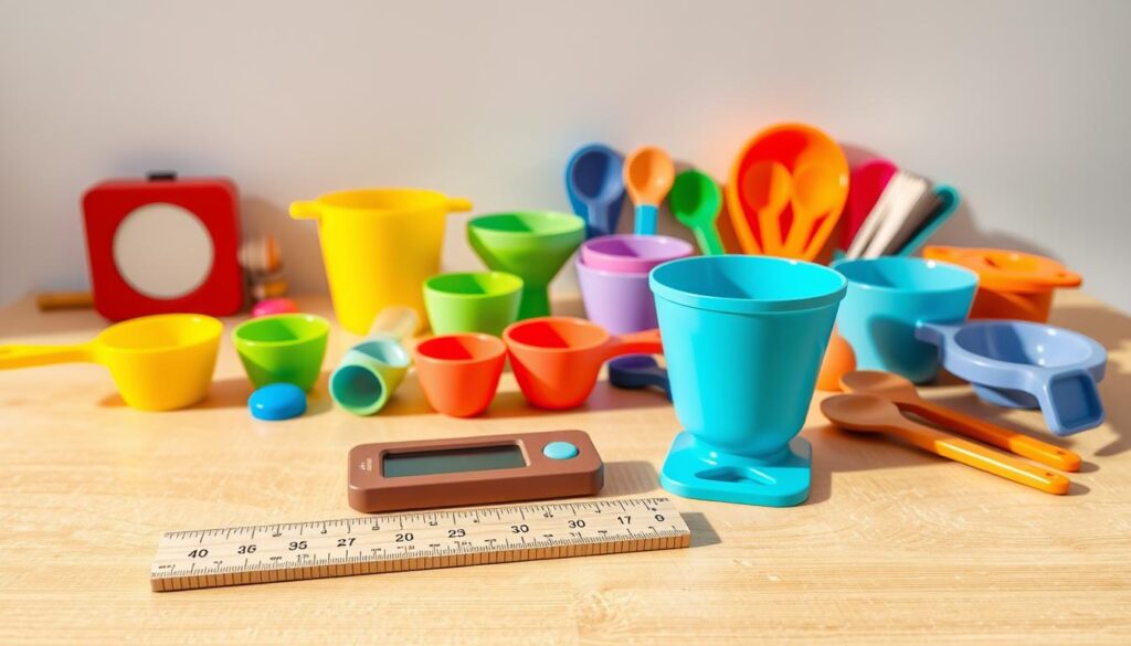 A brightly lit, well-organized tabletop scene featuring a variety of colorful, playful measurement tools designed for children's education. In the foreground, a wooden ruler and a digital scale sit atop a textured surface, inviting young hands to explore and learn. In the middle ground, an assortment of whimsical measuring cups, spoons, and other capacity-based games create a sense of hands-on discovery. The background showcases a clean, minimalist wall, allowing the focus to remain on the educational tools. The lighting is warm and natural, conveying a welcoming, engaging atmosphere to encourage children's curiosity about measurement concepts.