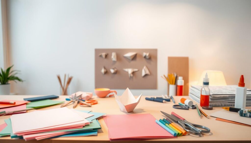 A brightly lit workspace with a collection of colorful paper sheets, scissors, glue sticks, and other craft supplies arranged neatly in the foreground. In the middle ground, a step-by-step demonstration of a simple paper folding technique, such as origami or paper cutting, unfolding to reveal a delicate paper figure. The background features a clean, minimalist design with soft, warm lighting, creating a calm and inviting atmosphere for DIY paper projects.