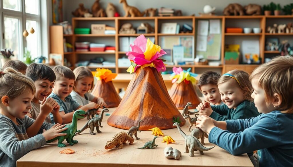 A bustling prehistoric workshop filled with curious children tinkering away on crafts and learning projects. In the foreground, a group of youngsters diligently sculpting clay dinosaur figurines, their faces alight with wonder. In the middle ground, a display of colorful paper-mâché volcanoes erupting with tissue paper lava. The background reveals a classroom setting, with shelves brimming with fossils, books, and educational materials. Warm, natural lighting filters in through large windows, casting a cozy, inspiring atmosphere. The scene exudes a sense of hands-on exploration and imaginative discovery, capturing the spirit of introducing dinosaur-themed crafts and learning.