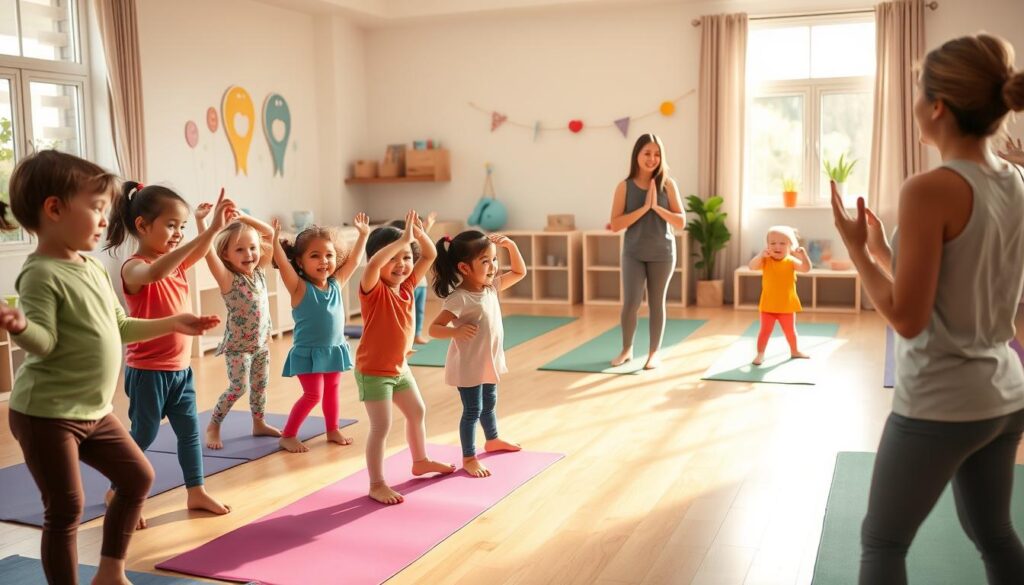 A cheerful and lively preschool classroom, bathed in warm natural light. In the foreground, a group of young children in colorful activewear are engaged in dynamic warm-up exercises - stretching, twisting, and moving their bodies with enthusiasm. Their expressions are bright and focused, as they follow the gentle guidance of a caring teacher, who demonstrates the movements with a serene, nurturing presence. In the middle ground, various yoga props and mats are neatly arranged, inviting the children to transition seamlessly into their yoga practice. The background features whimsical, child-friendly decor, creating a soothing, playful atmosphere conducive to movement and mindfulness.