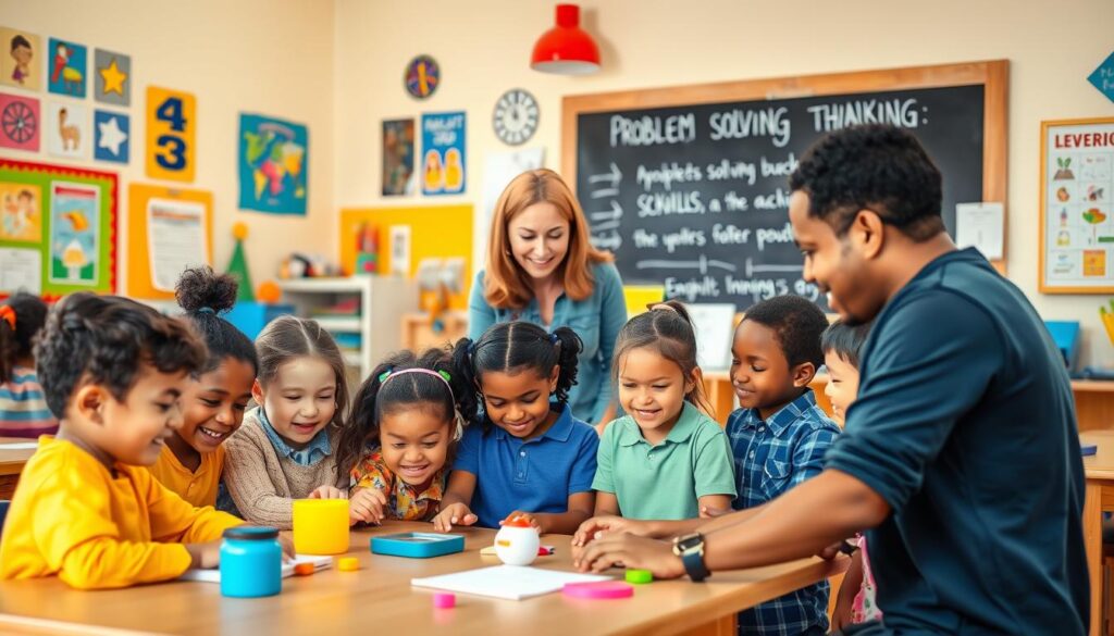 A cheerful, colorful classroom setting with students of diverse backgrounds engaged in various problem-solving activities. In the foreground, a group of children collaborating on a hands-on task, their faces lit with concentration and excitement. In the middle ground, a teacher guiding the students, demonstrating strategies and offering encouragement. The background showcases a vibrant, inspirational learning environment, with educational posters, interactive displays, and a large chalkboard highlighting the importance of problem-solving skills. The lighting is warm and natural, creating a welcoming atmosphere that fosters creativity and critical thinking.