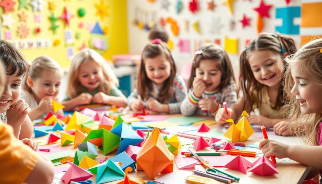 A cheerful group of young children engrossed in vibrant paper crafting activities, their faces alight with wonder and joy. In the foreground, tiny hands carefully fold, cut, and glue colorful origami shapes and patterns. The middle ground reveals a patchwork of construction paper, scissors, and glue sticks scattered on a large table, set against a backdrop of brightly colored walls adorned with whimsical paper creations. Soft, natural lighting filters in, casting a warm glow over the scene and highlighting the children's concentrated expressions as they discover the delights of paper-based creativity. An atmosphere of playful exploration and unbridled imagination permeates the space, inviting the viewer to join in the joyful paper craft experience.